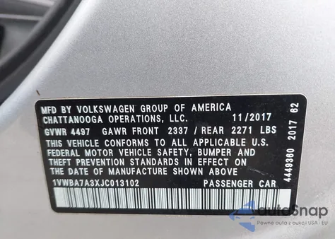 2018 Volkswagen Passat 2.0T Se z USA, uszkodzony, nr VIN 1VWBA7A3XJC013102